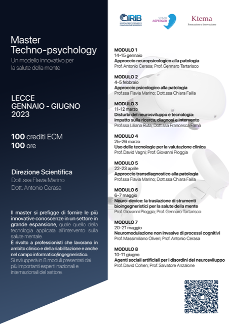Formazione: primo Master in Italia in Techno-Psychology, diretto da Irib-Cnr, unisce nuove tecnologie, modelli innovativi e salute mentale